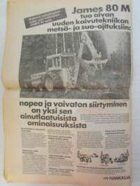 Koneviesti 1976 nr 21, sis. mm. seur. artikkelit / kuvat / mainokset; Kontti korkealle kippivaunulla, HOrsman konetehtaan Emma levittää lannan, Koneita