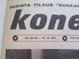 Koneviesti 1971 nr 23-24, sis. mm. seur. artikkelit / kuvat / mainokset; Hinattava Juko 300, Lasse Pätiälän sikala, Agrima -71, Smithfield Show, Kotitekoinen