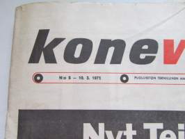 Koneviesti 1971 nr 5, sis. mm. seur. artikkelit / kuvat / mainokset; Tietoa kylvökoneista ja kuvat, Kylvölannoituskoneet / Rivilannoittimet tekniset tiedot,