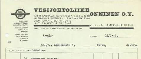Vesijohtoliike Onninen Oy Turku 1943  - firmalomake