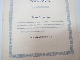 A.B. Granberg O.Y., Börje Granberg, 10 aktier á 100 mk, 100 mk, Helsingfors 1945 -osakekirja / share certificate
