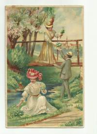 Kukkakedolla - romantiikkapostikortti  - postikortti  kohopainokortti kulkenut nyrkkipostissa 1910
