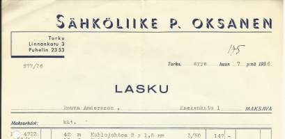 Sähköliike P OksanenTurku  1936 - firmalomake
