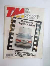 Tekniikan Maailma 1988 nr 7, ilmestynyt 19.4.1988, sis. mm. seur. artikkelit / kuvat / mainokset; Koeajo toyota Carina, Polkypyörien suurvertailu, Suomalainen