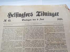 Helsingfors Tidningar, onsdaden 9.6.1858, innehåller bl. a. följande artiklar / annonser; Resande - Kyrkoherden Durchman med fru från Ruovesi - Häradsskrivaren