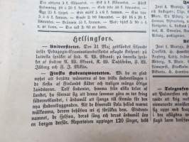 Helsingfors Tidningar, onsdaden 9.6.1858, innehåller bl. a. följande artiklar / annonser; Resande - Kyrkoherden Durchman med fru från Ruovesi - Häradsskrivaren