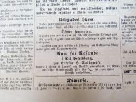 Helsingfors Tidningar, onsdaden 9.6.1858, innehåller bl. a. följande artiklar / annonser; Resande - Kyrkoherden Durchman med fru från Ruovesi - Häradsskrivaren