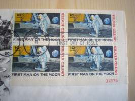 Apollo 11, 1969, USA, ensipäiväkuori, FDC, hieno, neljällä postimerkillä. Katso myös muut kohteeni, mm. noin 1 200 erilaista amerikkalaista ensipäiväkuorta