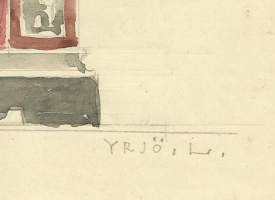 Yrjö Laine, &quot;Ruokasali kaappi&quot; -  alkuperäinen akvarelli/piirros sign Yrjö L ,  26x22  cm   / Yrjö Laine-Juva (vuoteen 1955 Laine s 1897 )oli arkkitehti,