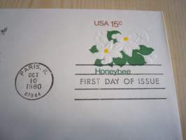 The Honeybee, Mehiläinen, Kukkasia, 1980, USA, ensipäiväkuori, FDC, hieno. Katso myös muut kohteeni, mm. noin 1 200 erilaista amerikkalaista ensipäiväkuorta