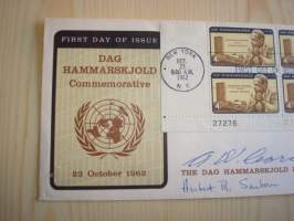 Dag Hammarskjöld Foundation, 1962, USA, ensipäiväkuori, FDC, alkuperäisella kortilla, harvinainen, kuoressa postimerkin suunnittelijan: Herbert Sanbornin ja
