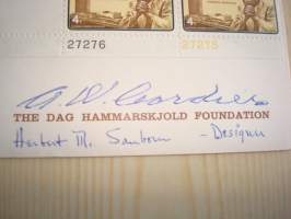 Dag Hammarskjöld Foundation, 1962, USA, ensipäiväkuori, FDC, alkuperäisella kortilla, harvinainen, kuoressa postimerkin suunnittelijan: Herbert Sanbornin ja