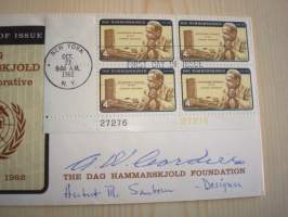 Dag Hammarskjöld Foundation, 1962, USA, ensipäiväkuori, FDC, alkuperäisella kortilla, harvinainen, kuoressa postimerkin suunnittelijan: Herbert Sanbornin ja