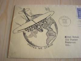 WWII, Overrun Country: Puola, United We Stand, Allied Nations, Lentokone, 1943, USA, ensipäiväkuori, FDC. Katso myös muut kohteeni, mm. noin 1 200 erilaista