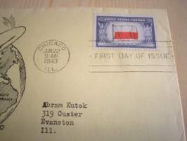 WWII, Overrun Country: Puola, United We Stand, Allied Nations, Lentokone, 1943, USA, ensipäiväkuori, FDC. Katso myös muut kohteeni, mm. noin 1 200 erilaista