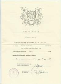 Huoltokoulu Aliupseerikurssi  todistus 1957