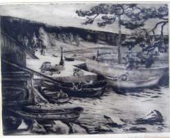 Edith Wiklund, &quot;Ranta&quot; 1938, kuivaneula grafiikka 24x30/36x41 cm / Edith Wiklund (1905–1969)Taidegraafikko, taidemaalariTurussa taiteellisen uransa