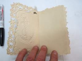 Koho- ja osin kultapainettu uskonnollinen mietelausekortti v. 1905 &quot;Wid ditt Altare, o Jesus...&quot; painettuna, lisäksi käsinkirjoitettuna &quot;Hjärtlig lyckeönskan