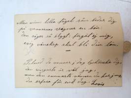 Kohopainettu onnittelukortti v. 1905 &quot;Mathilda gratuleras hjertligt&quot; painettuna, lisäksi käsinkirjoitettuna &quot;Men minns lilla fågel som...&quot; - erittäin hieno
