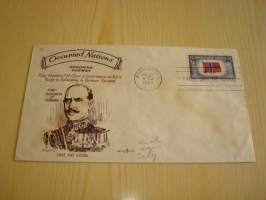 WWII, Occupied Nations, Overrun Country, Norja, Kuningas Haakon VII, 2. maailmansota, 1943, USA, ensipäiväkuori, FDC, hieno ja harvinaisempi versio. Katso myös