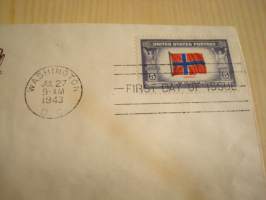 WWII, Occupied Nations, Overrun Country, Norja, Kuningas Haakon VII, 2. maailmansota, 1943, USA, ensipäiväkuori, FDC, hieno ja harvinaisempi versio. Katso myös