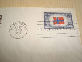 WWII, Occupied Nations, Overrun Country, Norja, 2. maailmansota, 1943, USA, ensipäiväkuori, FDC, harvinaisempi versio. Katso myös muut kohteeni, mm. noin 1 200