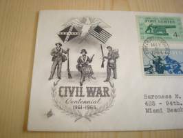 Civil War Centennial, USA:n sisällissota, 1964, USA, ensipäiväkuori, FDC, lähetetty baronitar M. Doll Stackelbergille, Miami Beach, Florida. Katso myös muut