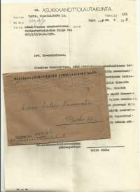 Maatalousministeriön Asutusasianosasto / Asukkaanottolautakunta - firmalomake ja    firmakuori 1954