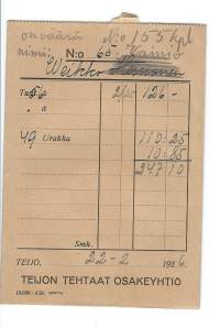 Teijon Tehtaat Oy  palkkapussi 22.2.1936     firmakuori