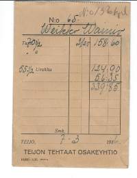 Teijon Tehtaat Oy  palkkapussi 7.3.1936     firmakuori