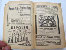 Kansanvalistusseuran Kalenteri 1919, sis. runsaasti mainoksia, artikkeleita, tilastotietoa, rautateitten ja postin kulku, virkamiehistö, puolueet,