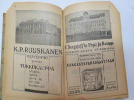 Kansanvalistusseuran Kalenteri 1919, sis. runsaasti mainoksia, artikkeleita, tilastotietoa, rautateitten ja postin kulku, virkamiehistö, puolueet,