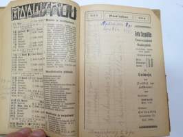 Kansanvalistusseuran Kalenteri 1919, sis. runsaasti mainoksia, artikkeleita, tilastotietoa, rautateitten ja postin kulku, virkamiehistö, puolueet,