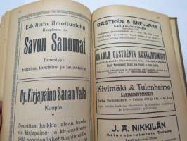 Kansanvalistusseuran Kalenteri 1919, sis. runsaasti mainoksia, artikkeleita, tilastotietoa, rautateitten ja postin kulku, virkamiehistö, puolueet,