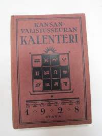 Kansanvalistusseuran Kalenteri 1928, sis. runsaasti mainoksia, artikkeleita, tilastotietoa, rautateitten ja postin kulku, virkamiehistö, puolueet,