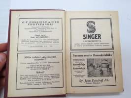 Kansanvalistusseuran Kalenteri 1928, sis. runsaasti mainoksia, artikkeleita, tilastotietoa, rautateitten ja postin kulku, virkamiehistö, puolueet,