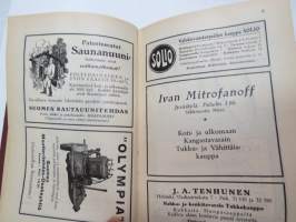 Kansanvalistusseuran Kalenteri 1928, sis. runsaasti mainoksia, artikkeleita, tilastotietoa, rautateitten ja postin kulku, virkamiehistö, puolueet,