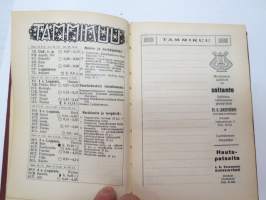Kansanvalistusseuran Kalenteri 1928, sis. runsaasti mainoksia, artikkeleita, tilastotietoa, rautateitten ja postin kulku, virkamiehistö, puolueet,