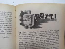 Kansanvalistusseuran Kalenteri 1928, sis. runsaasti mainoksia, artikkeleita, tilastotietoa, rautateitten ja postin kulku, virkamiehistö, puolueet,