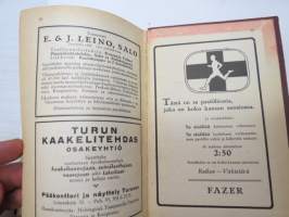 Kansanvalistusseuran Kalenteri 1928, sis. runsaasti mainoksia, artikkeleita, tilastotietoa, rautateitten ja postin kulku, virkamiehistö, puolueet,