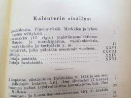 Kansanvalistusseuran Kalenteri 1928, sis. runsaasti mainoksia, artikkeleita, tilastotietoa, rautateitten ja postin kulku, virkamiehistö, puolueet,