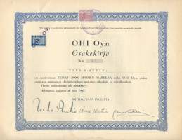 Ohi  Oy, 1 000 mk  osakekirja,  Helsinki 20.8.1942