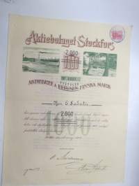 Aktibolaget Stockfors - Aktiebref å tvåtusen (2.000) finska mark nr 1232, herr E. Sabatie?, 1903 -osakekirja -share / stock certificate (forest industry)