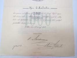 Aktibolaget Stockfors - Aktiebref å tvåtusen (2.000) finska mark nr 1232, herr E. Sabatie?, 1903 -osakekirja -share / stock certificate (forest industry)