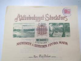 Aktiebolaget Stockfors - Aktiebref å tvåtusen (2.000) finska mark nr 0405, herr E. Olaf Bülow, 1903 -osakekirja -share / stock certificate (forest industry)