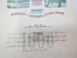 Aktiebolaget Stockfors - Aktiebref å tvåtusen (2.000) finska mark nr 0405, herr E. Olaf Bülow, 1903 -osakekirja -share / stock certificate (forest industry)