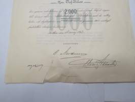 Aktiebolaget Stockfors - Aktiebref å tvåtusen (2.000) finska mark nr 0405, herr E. Olaf Bülow, 1903 -osakekirja -share / stock certificate (forest industry)