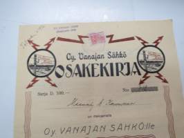 Oy Vanajan Sähkö, Sarja D 100,00 markkaa, nr 712, A. Koivunen, Vanaja 1935 -osakekirja -share / stock certificate (electric plant)