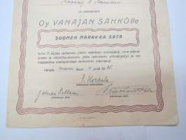 Oy Vanajan Sähkö, Sarja D 100,00 markkaa, nr 712, A. Koivunen, Vanaja 1935 -osakekirja -share / stock certificate (electric plant)