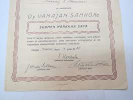 Oy Vanajan Sähkö, Sarja D 100,00 markkaa, nr 712, A. Koivunen, Vanaja 1935 -osakekirja -share / stock certificate (electric plant)